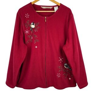 VTG Penmans Red & Embroidered Chickadee Birds Scenery Full Zip Fleece Sweater 2X